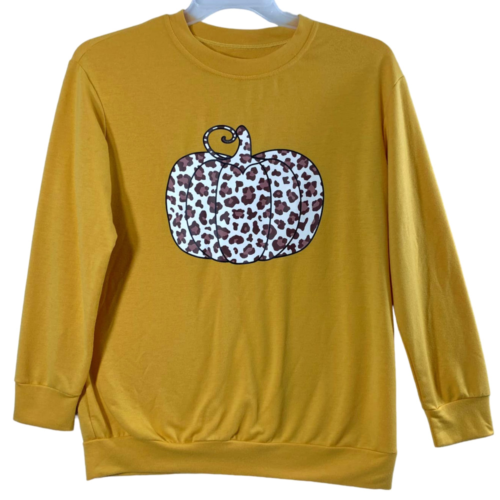 Animal Print Pumpkin T Shirt Womens Small Autumn Fall Gold Long Sleeve Top